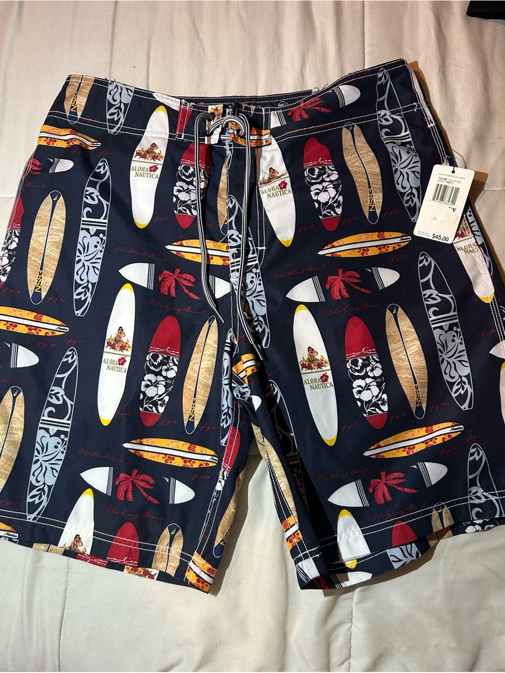 Nautica Navy Surfboard Print Swim Shorts with Red & Gold Accents